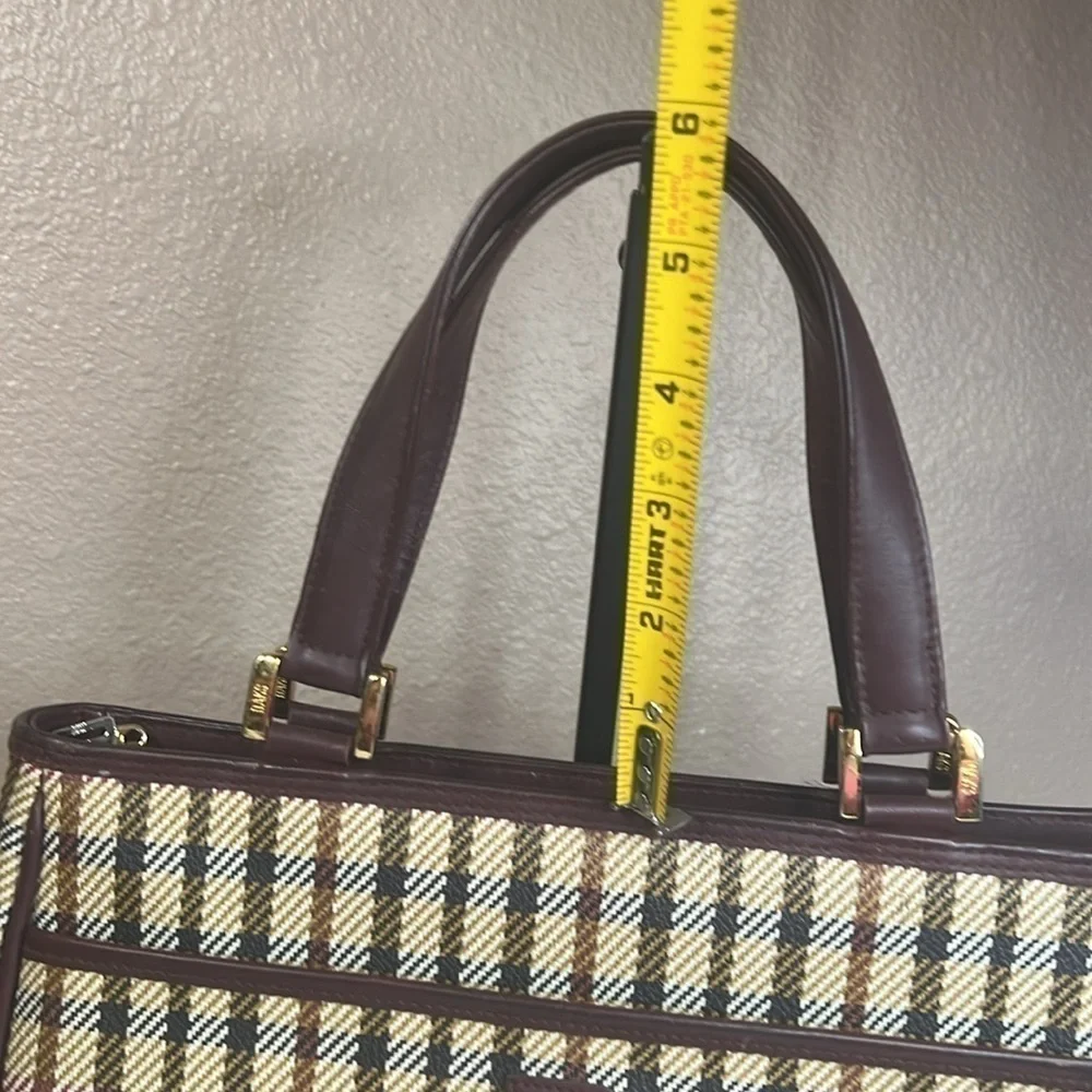 DAKS Vintage Plaid Structured Tote Satchel Burgundy Leather Trim